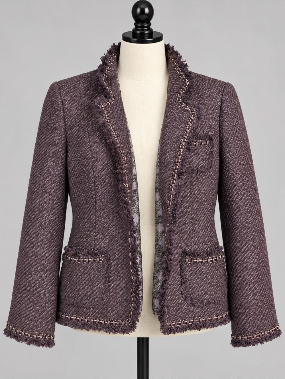 Purple Tweed Wool Blend Fringe Blazer Dialogue Size 12